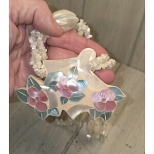 Vintage 50s-60s Mother Of Pearl Inlay Floral Shell Statement Necklace Abalone